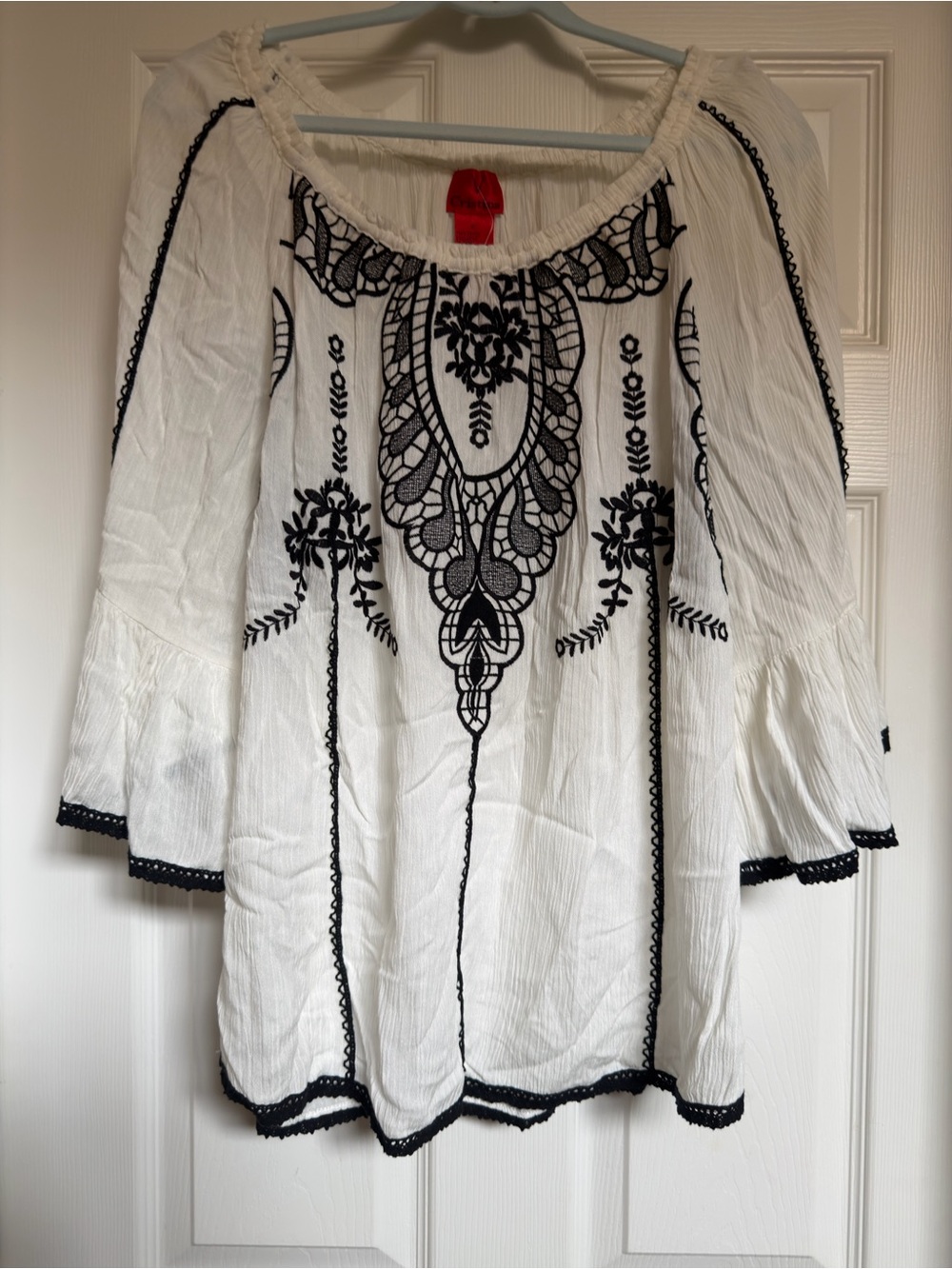 Christina White Peasant Tunic with Black Embroidery XL NWT